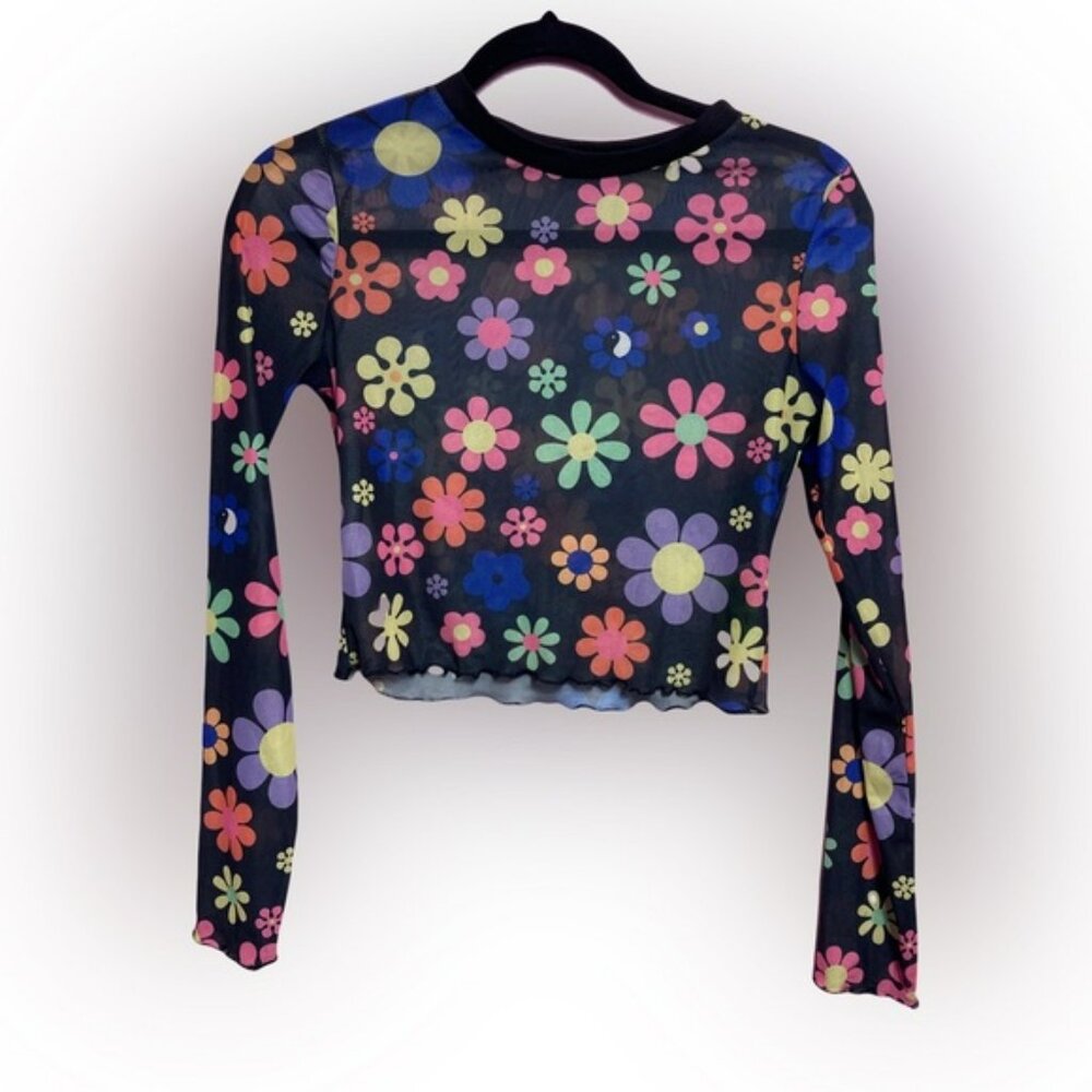 Sheer Black Mesh Rainbow Flowers Floral Printed Top Size Small Multicolor